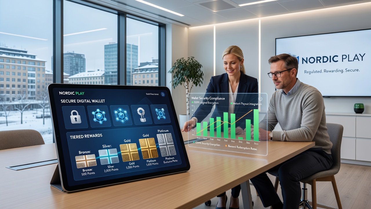 Tiered reward dashboard on a regulated Nordic gaming site with wallet integration icons